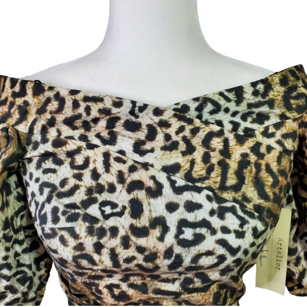 NEW Revolve Nicole Miller Top Petite Small Off Shoulder Leopard Puff Sleeves PS‎ - Picture 4 of 12